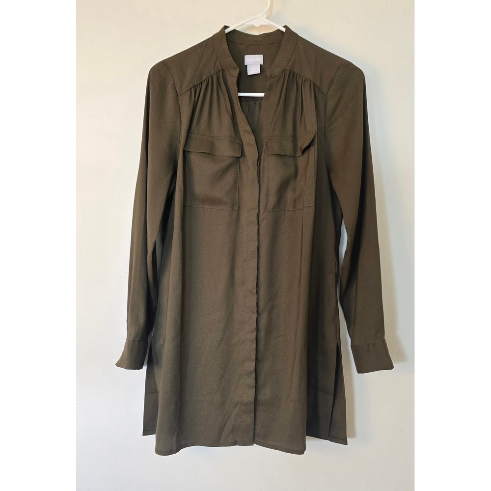 Chicos Blouse Long Sleeve Button Down Shirt Womens Extra Small Olive Green